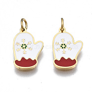 316 Surgical Stainless Steel Enamel Charms, with Jump Rings, for Christmas, Glove with Snowflake, White and Red, Real 14K Gold Plated, 13.5x8.5x1mm, Jump Ring: 3.8x0.6mm, 2.6mm inner diameter(X-STAS-S116-391G)