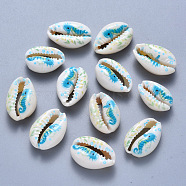 Printed Cowrie Shell Beads, No Hole/Undrilled, Sea Horse Pattern, Deep Sky Blue, 17.5~21.5x12~14.5x5.5~7.5mm(SSHEL-T013-01A)