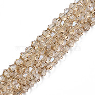 Electroplate Transparent Glass Beads Strands, Faceted, Bicone, Wheat, 4x4.5mm, Hole: 0.9mm, about 84~109Pcs/strand, 12.6~21.26 inch(32~54cm)(EGLA-Q026-016E)