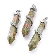 Natural Unakite Big Pointed Pendants, with Platinum Plated Brass Bails, Faceted, Bullet with Snake, 59~61.5x11~12x11~12mm, Hole: 5x8mm(G-F696-B06)