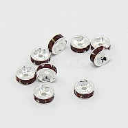 Brass Grade A Rhinestone Spacer Beads, Silver Color Plated, Nickel Free, Siam, 6x3mm, Hole: 1mm(RSB036NF-09)