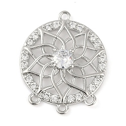 Brass Pave Clear Cubic Zirconia Chandelier Component Links, Hollow Flat Round with Flower, Platinum, 18.5x15x3.5mm, Hole: 1mm(KK-L219-23P)