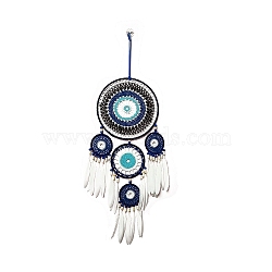 Evil Eye Woven Web/Net with Feather Wall Hanging Decorations, with Iron Ring, for Home Bedroom Decorations, White, 540mm(PW-WG62000-01)