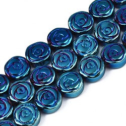 Electroplate Opaque Glass Beads Strand, Flat Round with Rose Flower, Blue Plated, 10x4mm, Hole: 0.9mm, about 65~66pcs/strand, 24.80 inch~ 25.20 inch(63~64cm)(EGLA-S188-19-D01)
