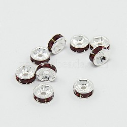 Brass Grade A Rhinestone Spacer Beads, Silver Color Plated, Nickel Free, Rondelle, Siam, 6x3mm, Hole: 1mm(RSB036NF-09)