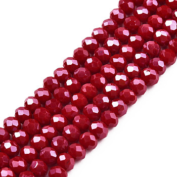 Electroplate Glass Beads Strands, Pearl Luster Plated, Faceted, Rondelle, Dark Red, 4x3mm, Hole: 0.4mm, about 123~127pcs/strand, 16.5~16.9 inch(42~43cm)