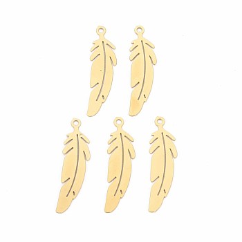 Rack Plating 201 Stainless Steel Pendants, Etched Metal Embellishments, Nickel Free, Feather, Real 18K Gold Plated, 22.5x6x0.4mm, Hole: 1.2mm