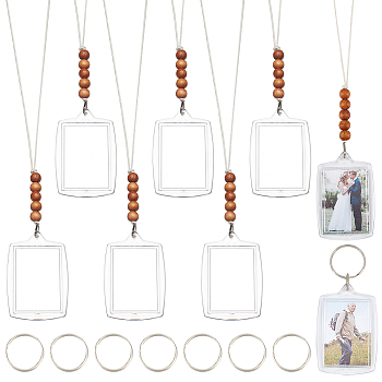 8Pcs Plastic Badge Holder Pendant Decoration, Hanging Photo Frame, with Waxed Cotton Thread Cords and Wood Beads, Clear, 292mm