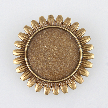 Vintage Alloy Brooch Cabochon Bezel Settings, with Iron Pin Brooch Back Bar Findings, Flower, Cadmium Free & Nickel Free & Lead Free, Antique Bronze, Flat Round Tray: 25mm, 38x2mm, Pin: 0.6mm