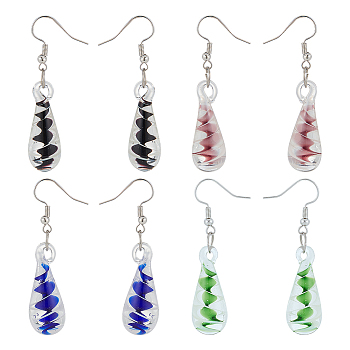 4 Pairs 4 Colors Glass Teardrop with Spiral Pattern Dangle Earring, Iron Jewelry for Women, Mixed Color, 53mm, Pin: 0.7mm, 1 Pair/color