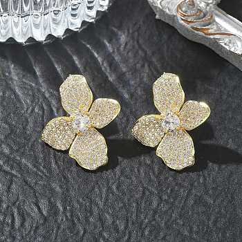 Four-Leaf Flower Brass & Clear Cubic Zirconia Stud Earrings, Floral Earrings for Women, Real 18K Gold Plated, 26.5x23.5mm