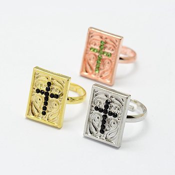 Alloy Rhinestone Finger Rings, with Adjustable Brass Ring, Rectangle with Cross, Mixed Color, 18.1mm