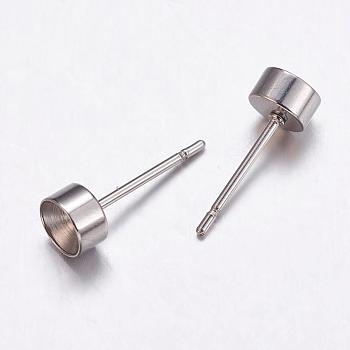 304 Stainless Steel Stud Earring Findings, for Pointed Back Rivoli Rhinestone, Flat Round, Stainless Steel Color, Tray: 4mm, 5x3mm, Pin: 0.9mm