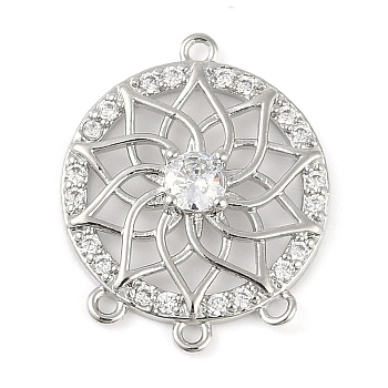 Brass Pave Clear Cubic Zirconia Chandelier Component Links, Hollow Flat Round with Flower, Platinum, 18.5x15x3.5mm, Hole: 1mm