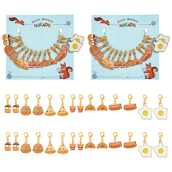 Food Theme Pendant Stitch Markers, Alloy Enamel Crochet Lobster Clasp Charms, Locking Stitch Marker with Wine Glass Charm Ring, Mixed Shapes, Mixed Color, 2.5~3.6cm, 7 style, 2pcs/style, 14pcs/set