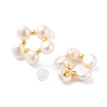 Flower Natural Pearl Stud Earrings for Women, Sterling Silver Ear Stud, Real 18K Gold Plated, 20~21x19~21mm