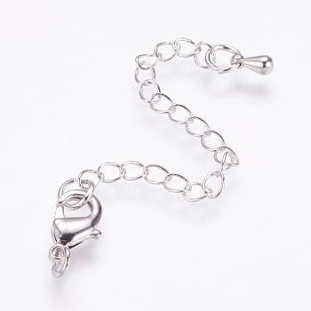 Long-Lasting Plated Brass Chain Extender, with Lobster Claw Clasps and Bead Tips, Real Platinum Plated, 12x7x3mm, Hole: 3.5mm, Extend Chain: 65mm, ring: 5x1mm