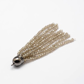 Electroplate Faceted Glass Bead Tassel Big Pendants, with Brass Findings, Gunmetal, Tan, 71x9mm, Hole: 1.5mm