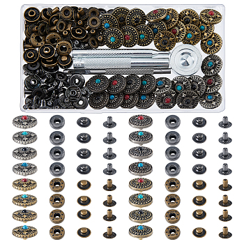 Alloy & Brass Snap Buttons, with Iron Handmade Hole Hollow Punch Cutting Mold Tools, Carbon Steel Rivet Installation Tool, Mixed Color