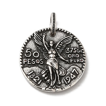 Brass Pendants, Long-Lasting Plated, Cadmium Free & Lead Free, Flat Round with Goddess Charm, Antique Silver, 19x4mm, Hole: 4.3x3.4mm