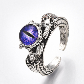 Alloy Cuff Finger Rings, with Glass, Wide Band Rings, Dragon Eye, Antique Silver, Blue Violet, US Size 8 1/2(18.5mm)