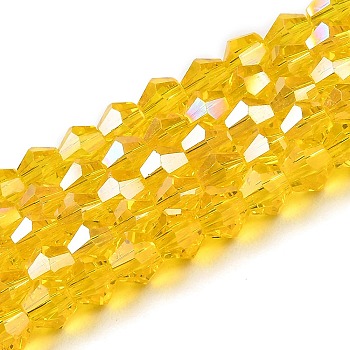 Transparent Electroplate Glass Beads Strands, AB Color Plated, Faceted, Bicone, Gold, 6x6mm, Hole: 1mm, about 45~47pcs/strand, 9.65~9.84 inch(24.5~25cm)