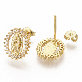 Brass Micro Pave Clear Cubic Zirconia Stud Earrings, for Religion, with Earring Backs, Oval with Virgin, Real 16K Gold Plated, 12.5x11mm, Pin: 0.7mm