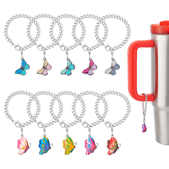 10Pcs 304 Stainless Steel Pendant Decorations, with Alloy Enamel Pendant, Butterfly, Stainless Steel Color, 147~150mm