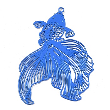 Spray Painted 430 Stainless Steel Big Pendants, Etched Metal Embellishments, Goldfish Charm, Royal Blue, 50x32x0.3mm, Hole: 1.5mm