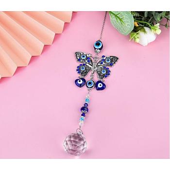 Alloy Butterfly Turkish Blue Evil Eye Pendant Decoration, with Crystal Ceiling Chandelier Ball Prisms, for Home Wall Hanging Amulet Ornament, Antique Silver, 350mm