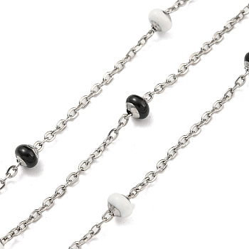 304 Stainless Steel Enamel Link Chains, Soldered, with Spool, Flat Round, Black, 2x1.5x0.5mm