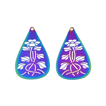 201 Stainless Steel Pendants, Etched Metal Embellishments, Teardrop with Flower, Rainbow Color, 35x20.5x0.3mm, Hole: 1.4mm