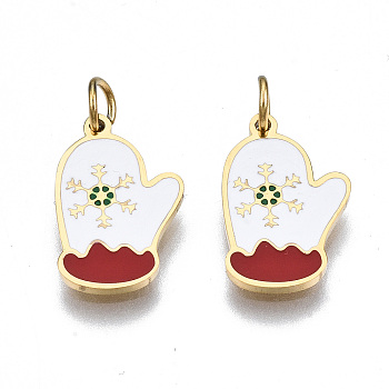 316 Surgical Stainless Steel Enamel Charms, with Jump Rings, for Christmas, Glove with Snowflake, White and Red, Real 14K Gold Plated, 13.5x8.5x1mm, Jump Ring: 3.8x0.6mm, 2.6mm inner diameter