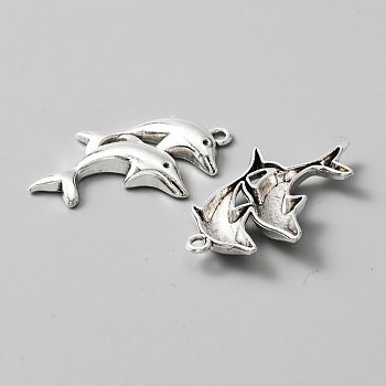 Tibetan Style Alloy Pendants, Double Dolphin Charms, Antique Silver, 34x21x4mm, Hole: 1.8mm