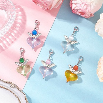 Heart Cat Eye & Acrylic Pendant Decoration, with Wing Tibetan Style Alloy and 304 Stainless Steel Lobster Claw Clasps, Mixed Color, 49mm, 5pcs/set