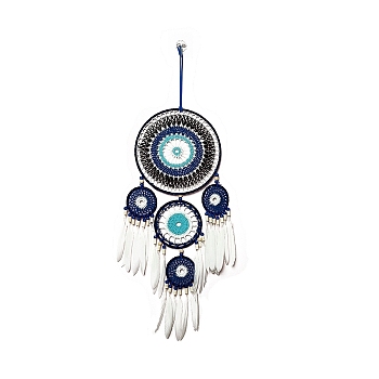 Evil Eye Woven Web/Net with Feather Wall Hanging Decorations, with Iron Ring, for Home Bedroom Decorations, White, 540mm