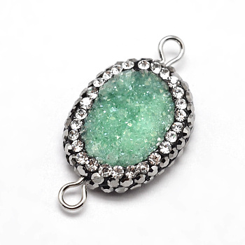 Oval Natural Druzy Crystal Links connectors, with Polymer Clay Rhinestone and Platinum Tone Brass Findings, Medium Aquamarine, 26~27x14x5mm, Hole: 1.5mm
