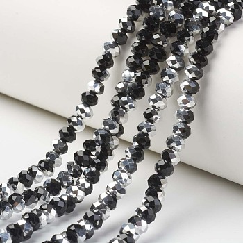 Electroplate Transparent Glass Beads Strands, Half Silver Plated, Faceted, Rondelle, Black, 4x3mm, Hole: 0.4mm, about 130pcs/strand, 16.54 inch(42cm)