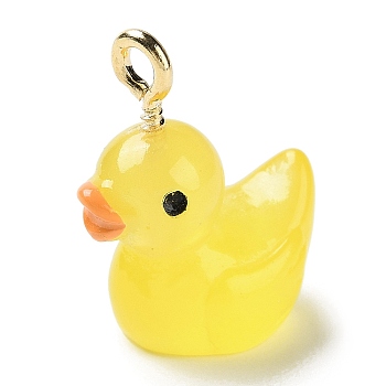 Luminous Opaque Resin Cartoon Pendants, Duck Charms with Platinum Tone Iron Loops, Glow in the Dark, Yellow, 21.5x17x11.5mm, Hole: 2.3mm