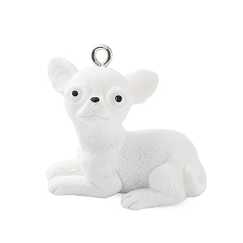 Opaque Resin Dog Pendants, 3D Puppy Charms with Platinum Plated Iron Loops, White, 25x27.5x18mm, Hole: 2mm