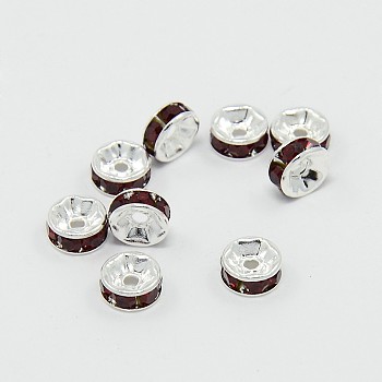 Brass Grade A Rhinestone Spacer Beads, Silver Color Plated, Nickel Free, Siam, 6x3mm, Hole: 1mm