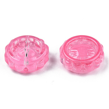 Transparent Spray Painted Glass Beads, Flower with Pawprint, Hot Pink, 15x15x5.5mm, Hole: 1.2mm
