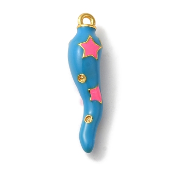 Rack Plating Brass Enamel Pendants, Cadmium Free & Lead Free, Long-Lasting Plated, Horn of Plenty/Italian Horn Cornicello with Star Charm, Real 18K Gold Plated, Dodger Blue, 27x6.5mm, Hole: 1.6mm