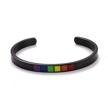 Rainbow Pride Cuff Bangle, 201 Stainless Steel Enamel Flat Open Bangle for Men Women, Electrophoresis Black, Inner Diameter: 2-1/4 inch(5.85cm)