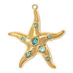 304 Stainless Steel with Rhinestone Pendants, Ion Plating(IP), Starfish Charms, Hand Polished, Real 18K Gold Plated, Indicolite, 33x27mm, Hole: 2.3mm(RB-OY001-60G-02)