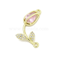 Rack Plating Brass Micro Pave Clear Cubic Zirconia Flower Connertor Charms, Rose Glass Links, Real 18K Gold Plated, Cadmium Free & Lead Free, Long-Lasting Plated, Pearl Pink, 26x14x4.5mm, Hole: 1.5mm(KK-Z043-03B)