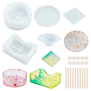 SUPERFINDINGS Cup Mat Silicone Molds Sets, Resin Casting Molds, For UV Resin, Epoxy Resin Craft Making, with Birch Wooden Craft Ice Cream Sticks, Latex Finger Cots, Silicone Stirring Bowl, White, 7.1~9x9~10.4x9~10.3x0.9~4.1cm, 8pcs/set(DIY-FH0002-21)