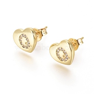 Brass Micro Pave Cubic Zirconia Stud Earrings, with Ear Nuts, Long-Lasting Plated, Heart with Initial Letter, Golden, Clear, Letter.Q, 8x9x2mm, Pin: 0.7mm(EJEW-I234-01G-Q)