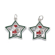 Christmas Themed Brass Micro Pave Cubic Zirconia Pendants, with Enamel and Jump Ring, Long-Lasting Plated, Star with Santa Claus, Real Platinum Plated, 19.5x18x2mm, Jump Ring: 5x0.7mm, 3.6mm Inner Diameter(ZIRC-L101-05P)