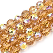 Transparent Electroplate Glass Beads Strands, Faceted, Half AB Color Plated, Round, Goldenrod, 8x7~7.5mm, Hole: 1.0mm, about 71~72 pcs/strand, 20.20~21.85 inch(51.3~55.5cm)(EGLA-N012-001-B05)